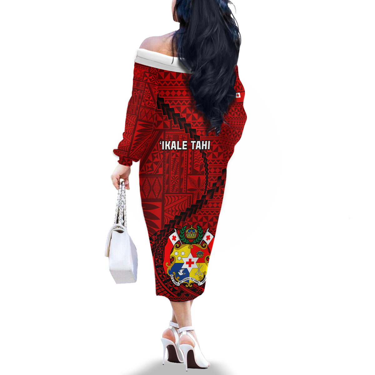 Tonga Rugby Off The Shoulder Long Sleeve Dress Tongan Ngatu Pattern Black Version - Wonder Print Shop