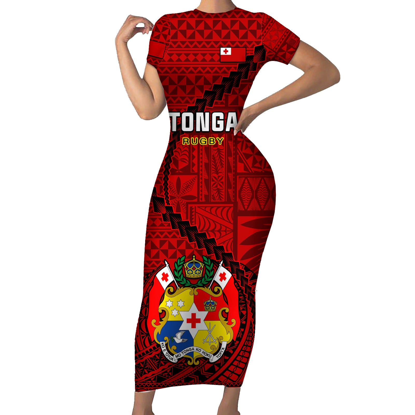 Tonga Rugby Short Sleeve Bodycon Dress Tongan Ngatu Pattern Black Version - Wonder Print Shop