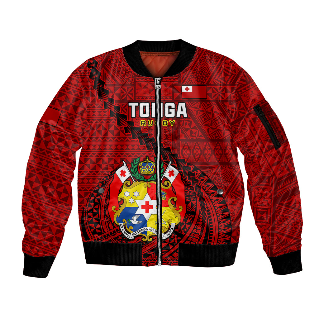 Tonga Rugby Sleeve Zip Bomber Jacket Tongan Ngatu Pattern Black Version - Wonder Print Shop