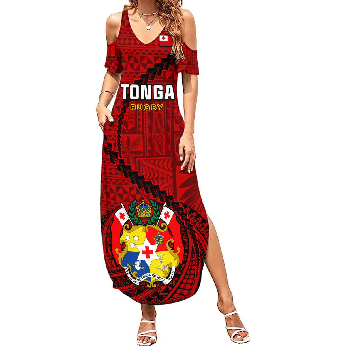 Tonga Rugby Summer Maxi Dress Tongan Ngatu Pattern Black Version - Wonder Print Shop