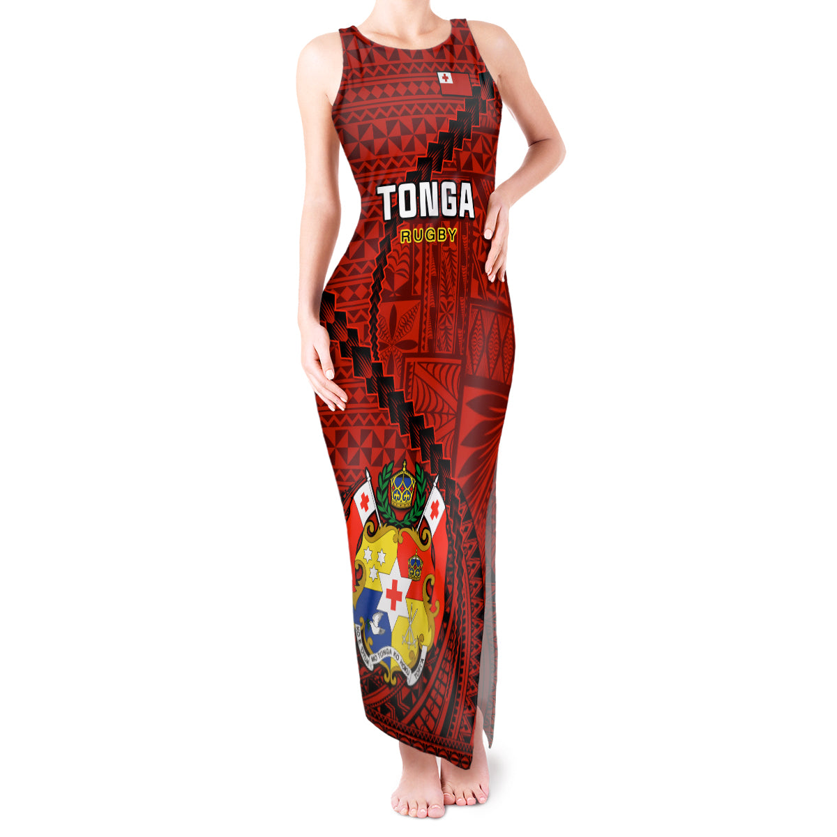 Tonga Rugby Tank Maxi Dress Tongan Ngatu Pattern Black Version - Wonder Print Shop