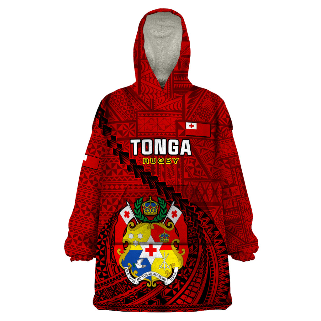 Tonga Rugby Wearable Blanket Hoodie Tongan Ngatu Pattern Black Version - Wonder Print Shop