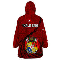 Tonga Rugby Wearable Blanket Hoodie Tongan Ngatu Pattern Black Version - Wonder Print Shop