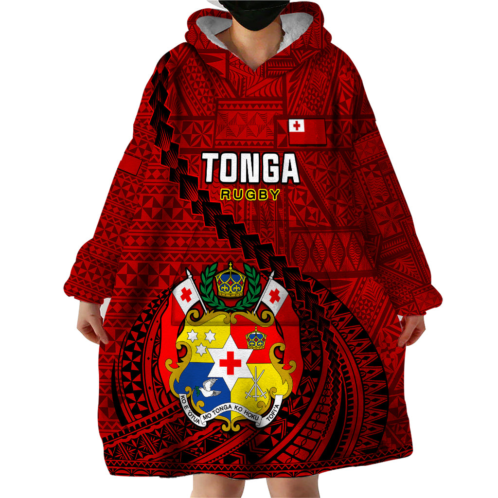 Tonga Rugby Wearable Blanket Hoodie Tongan Ngatu Pattern Black Version - Wonder Print Shop