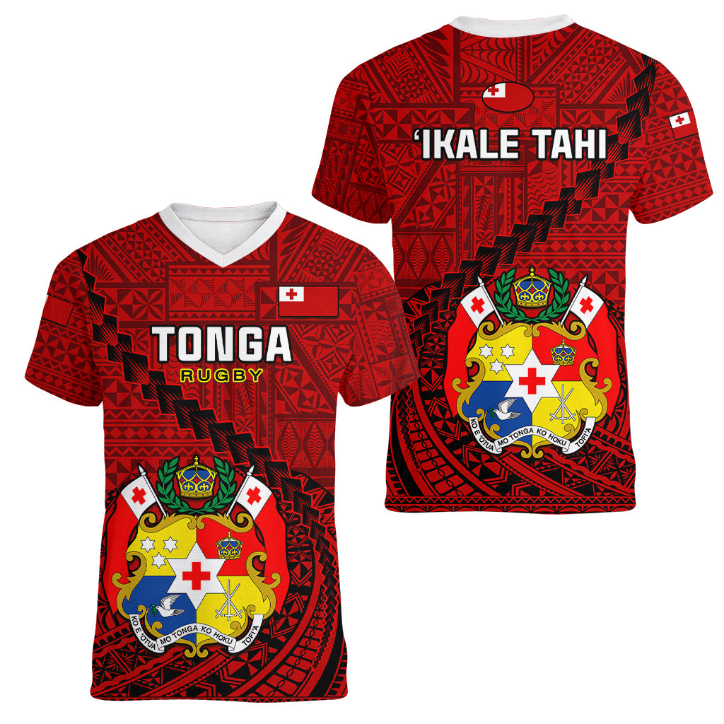 Tonga Rugby Women V Neck T Shirt Tongan Ngatu Pattern Black Version - Wonder Print Shop