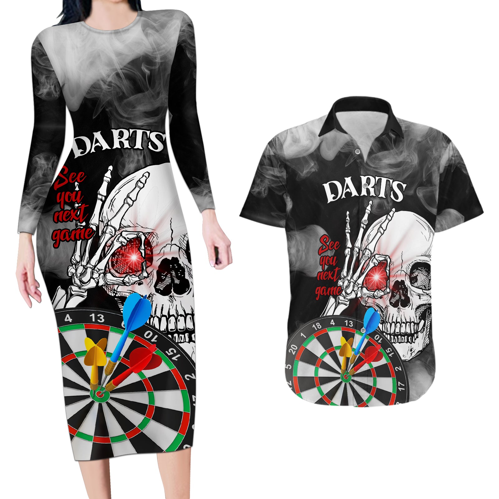 Personalised Skull Darts Couples Matching Long Sleeve Bodycon Dress and Hawaiian Shirt See You Next Game - Wonder Print Shop
