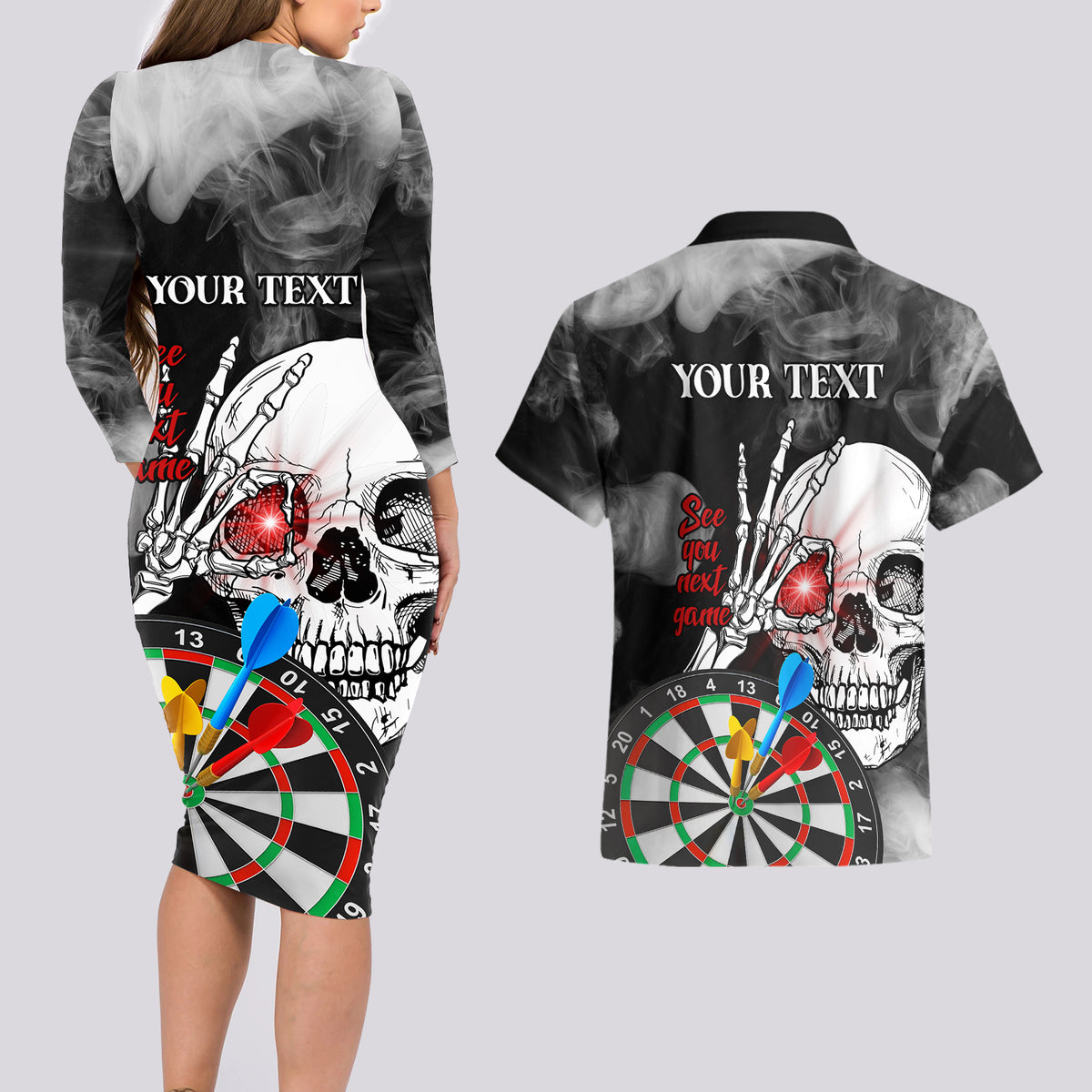 Personalised Skull Darts Couples Matching Long Sleeve Bodycon Dress and Hawaiian Shirt See You Next Game - Wonder Print Shop