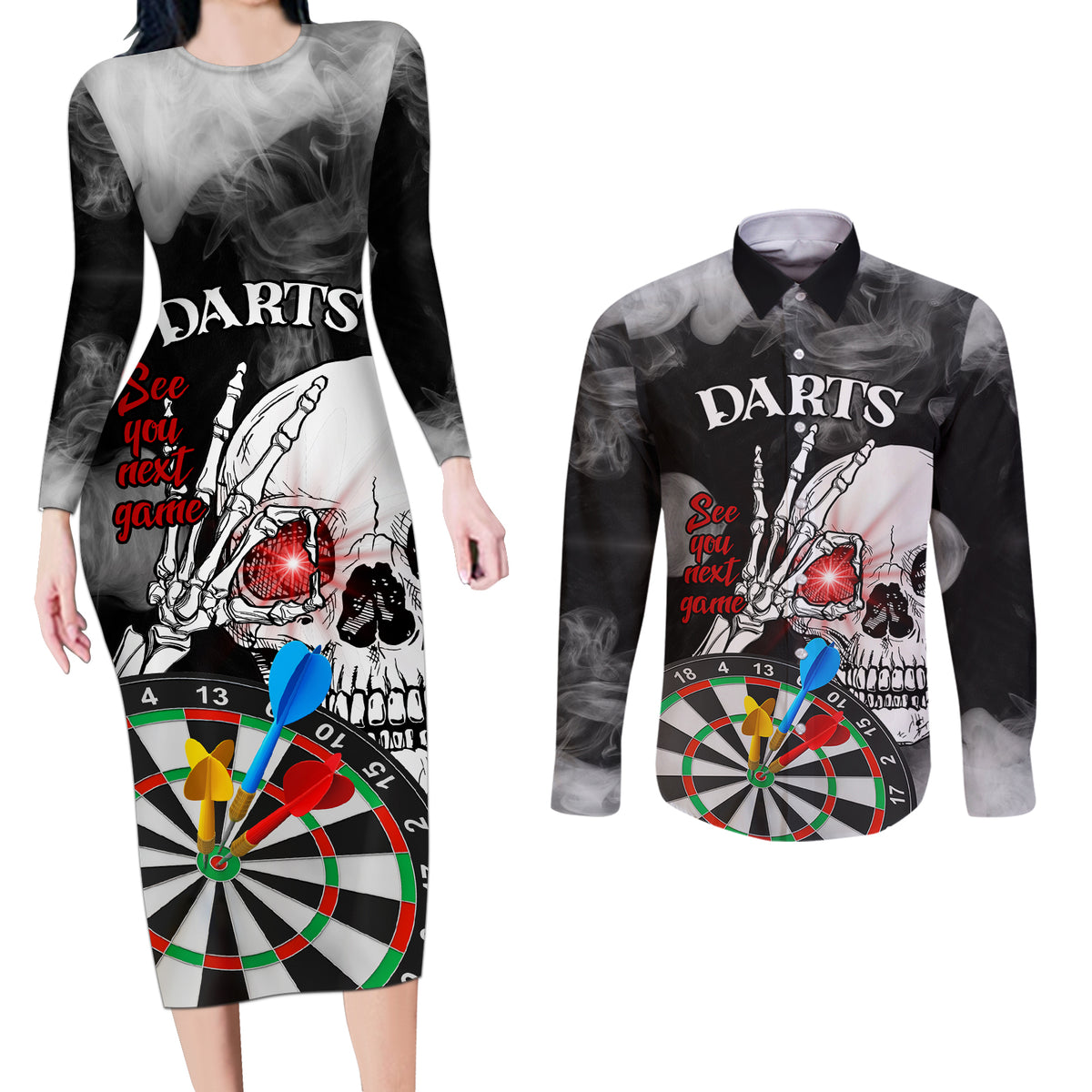 Personalised Skull Darts Couples Matching Long Sleeve Bodycon Dress and Long Sleeve Button Shirts See You Next Game - Wonder Print Shop
