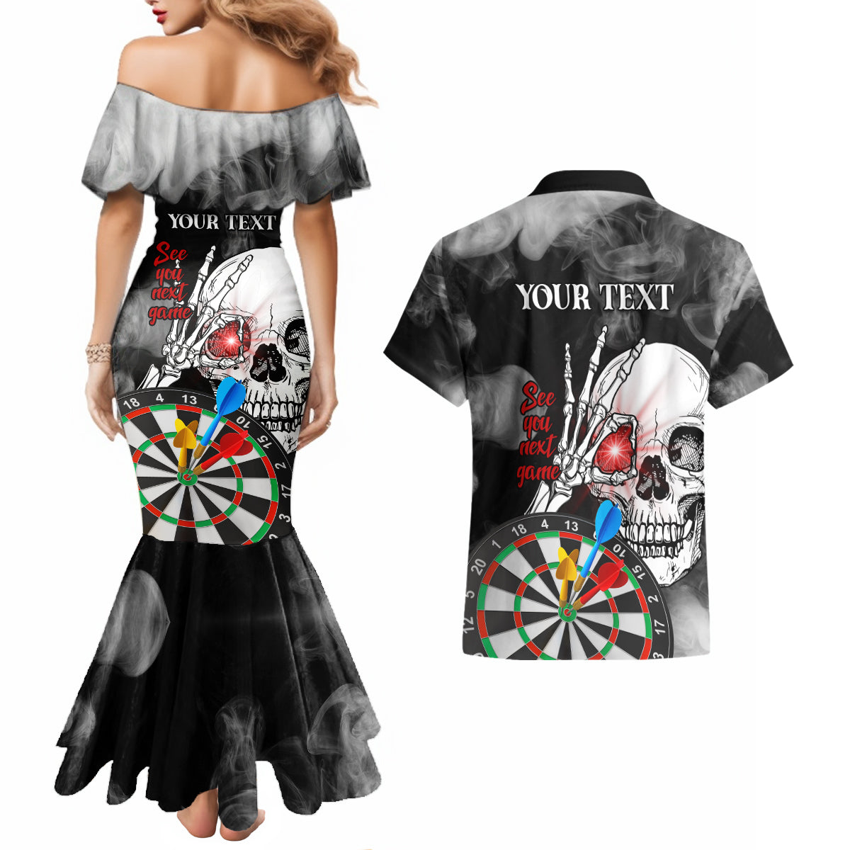 Personalised Skull Darts Couples Matching Mermaid Dress and Hawaiian Shirt See You Next Game - Wonder Print Shop