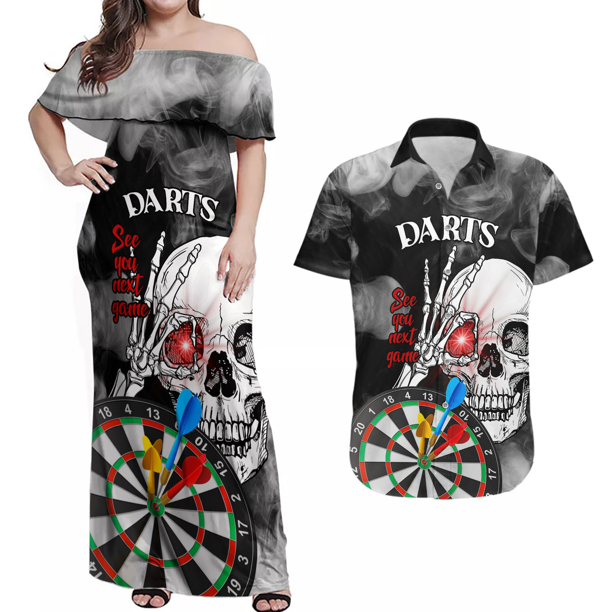 Personalised Skull Darts Couples Matching Off Shoulder Maxi Dress and Hawaiian Shirt See You Next Game - Wonder Print Shop