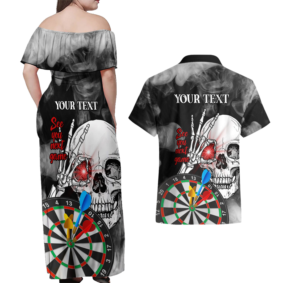 Personalised Skull Darts Couples Matching Off Shoulder Maxi Dress and Hawaiian Shirt See You Next Game - Wonder Print Shop