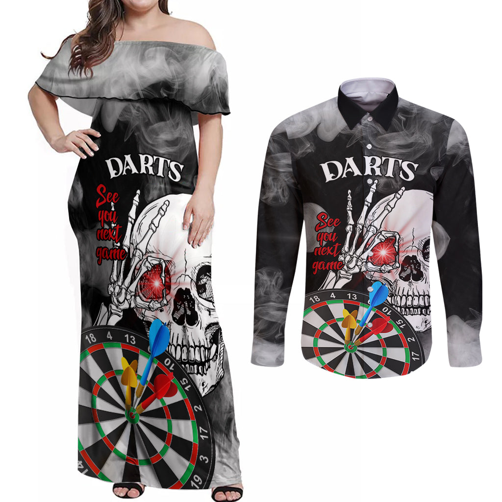 Personalised Skull Darts Couples Matching Off Shoulder Maxi Dress and Long Sleeve Button Shirts See You Next Game - Wonder Print Shop