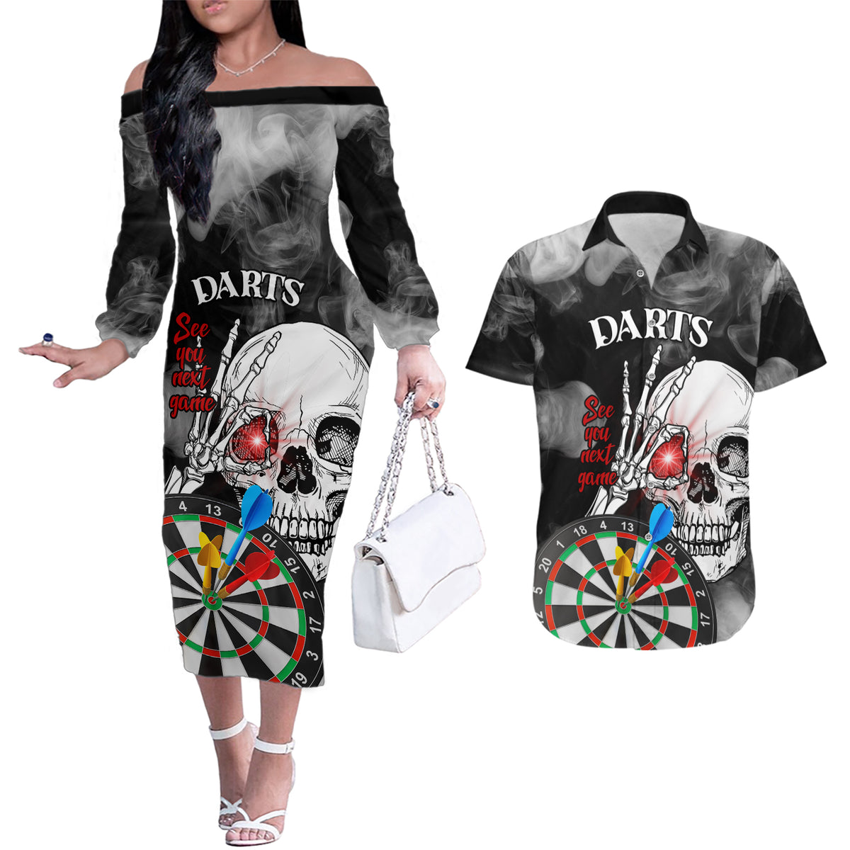 Personalised Skull Darts Couples Matching Off The Shoulder Long Sleeve Dress and Hawaiian Shirt See You Next Game - Wonder Print Shop