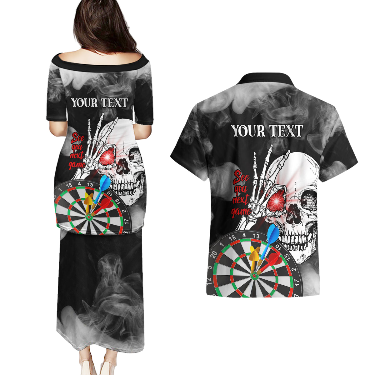 Personalised Skull Darts Couples Matching Puletasi Dress and Hawaiian Shirt See You Next Game - Wonder Print Shop