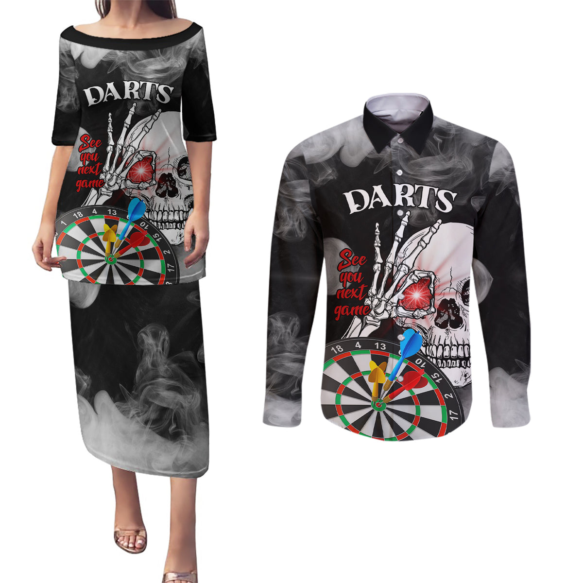 Personalised Skull Darts Couples Matching Puletasi Dress and Long Sleeve Button Shirts See You Next Game - Wonder Print Shop