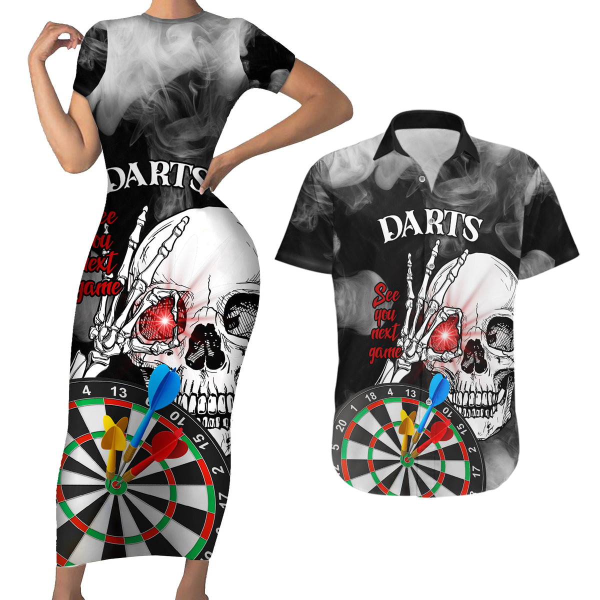 Personalised Skull Darts Couples Matching Short Sleeve Bodycon Dress and Hawaiian Shirt See You Next Game - Wonder Print Shop