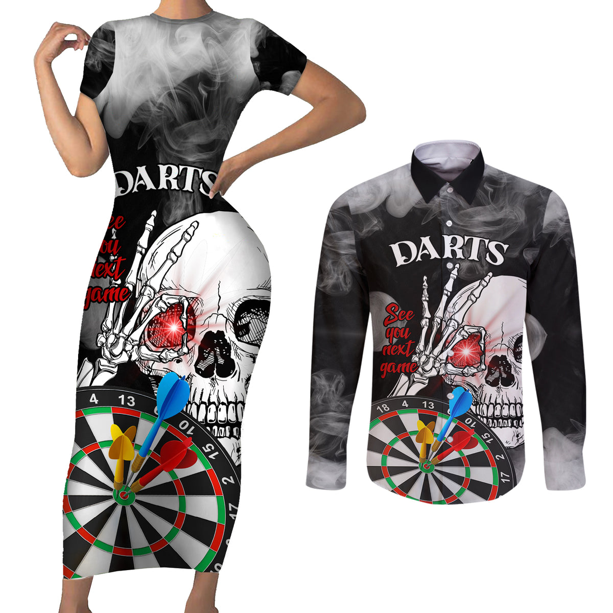 Personalised Skull Darts Couples Matching Short Sleeve Bodycon Dress and Long Sleeve Button Shirts See You Next Game - Wonder Print Shop