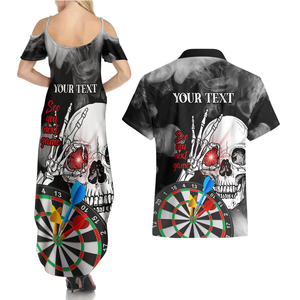 Personalised Skull Darts Couples Matching Summer Maxi Dress and Hawaiian Shirt See You Next Game - Wonder Print Shop