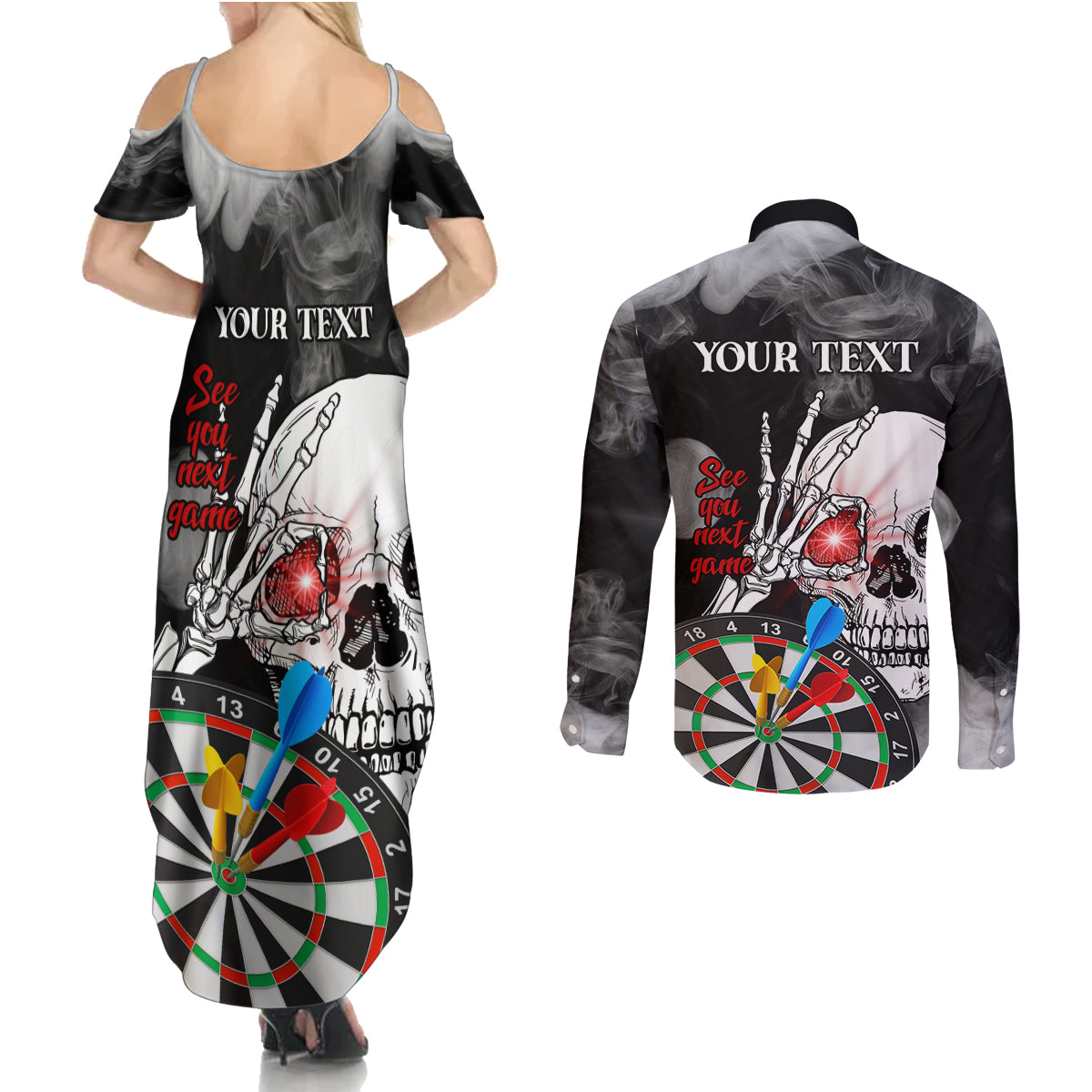 Personalised Skull Darts Couples Matching Summer Maxi Dress and Long Sleeve Button Shirts See You Next Game - Wonder Print Shop