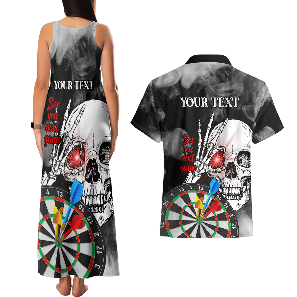 Personalised Skull Darts Couples Matching Tank Maxi Dress and Hawaiian Shirt See You Next Game - Wonder Print Shop