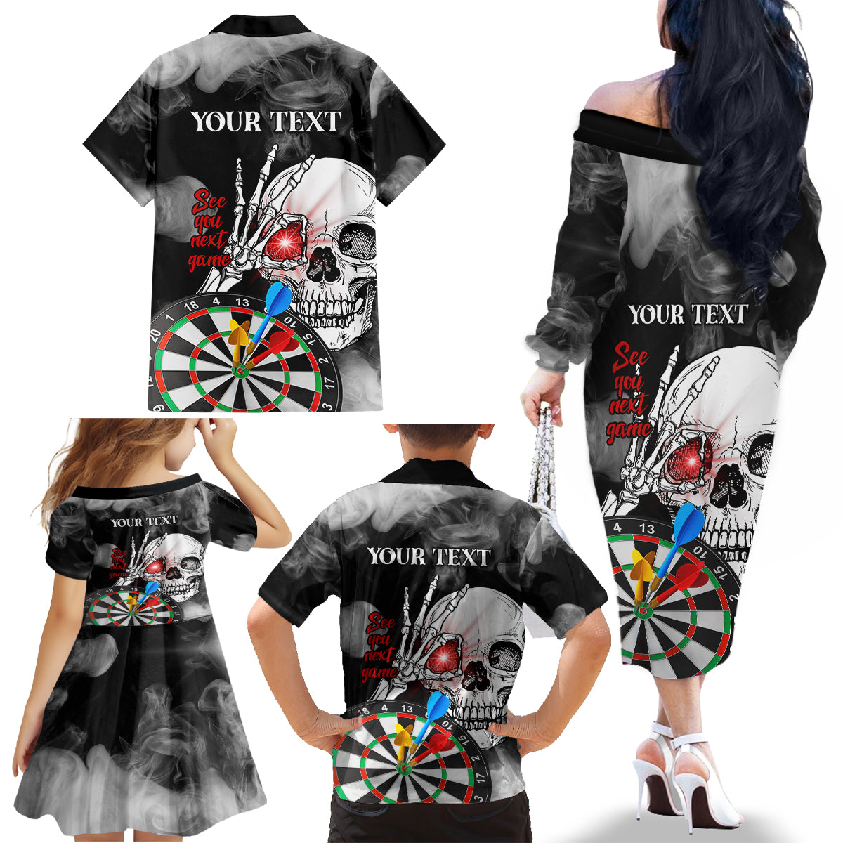 Personalised Skull Darts Family Matching Off Shoulder Long Sleeve Dress and Hawaiian Shirt See You Next Game - Wonder Print Shop
