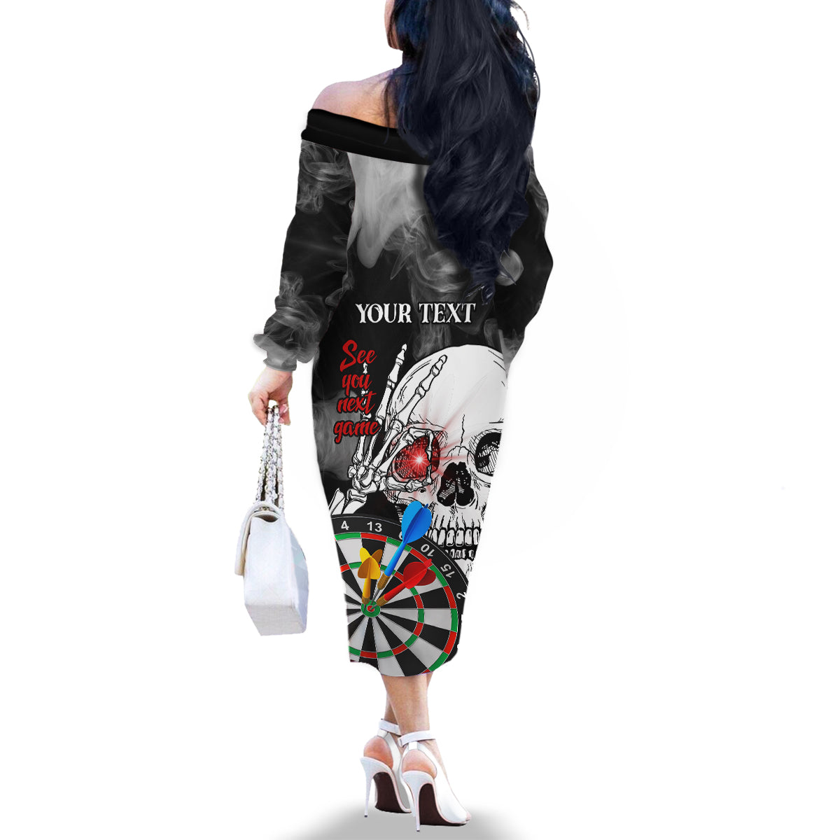 Personalised Skull Darts Family Matching Off Shoulder Long Sleeve Dress and Hawaiian Shirt See You Next Game - Wonder Print Shop
