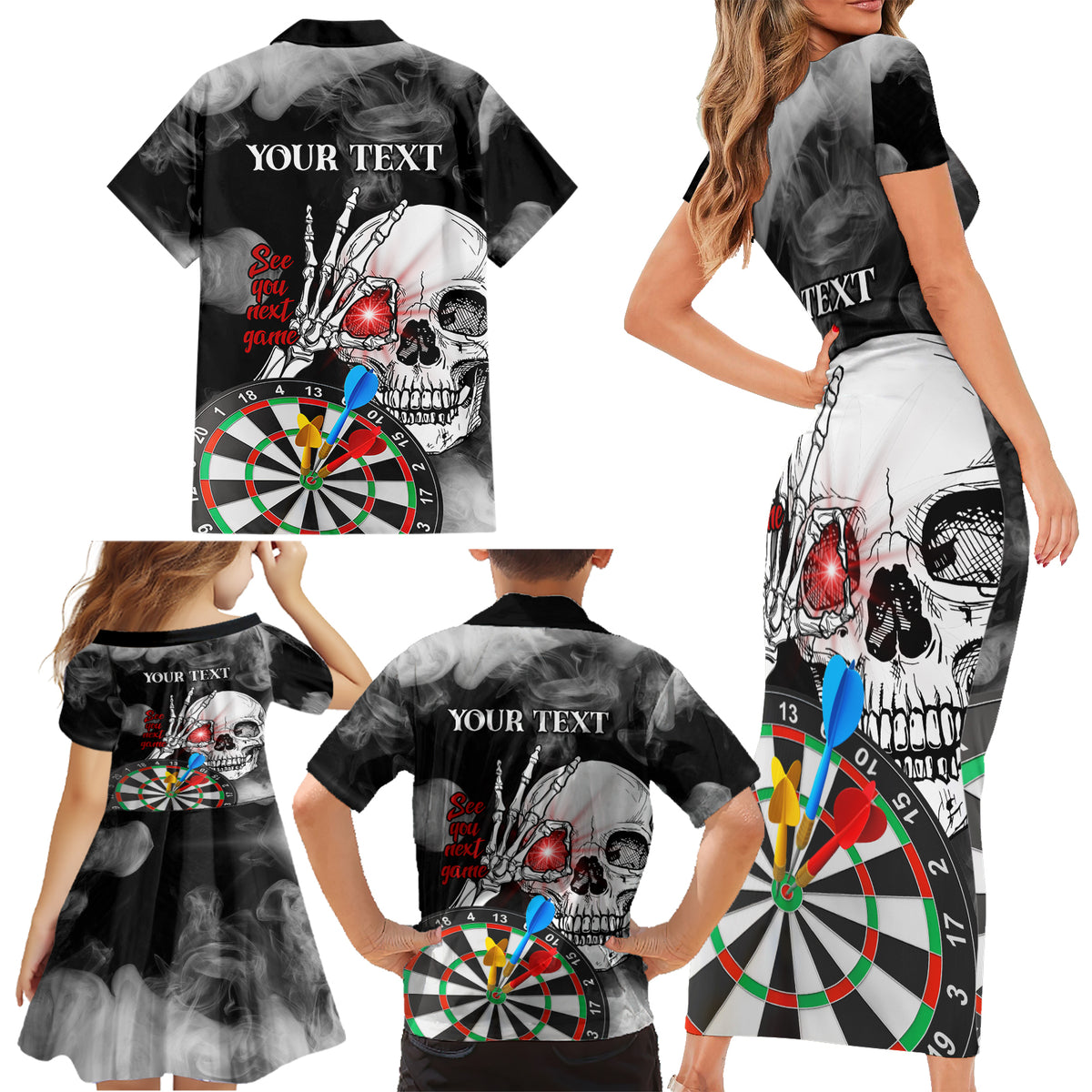 Personalised Skull Darts Family Matching Short Sleeve Bodycon Dress and Hawaiian Shirt See You Next Game - Wonder Print Shop