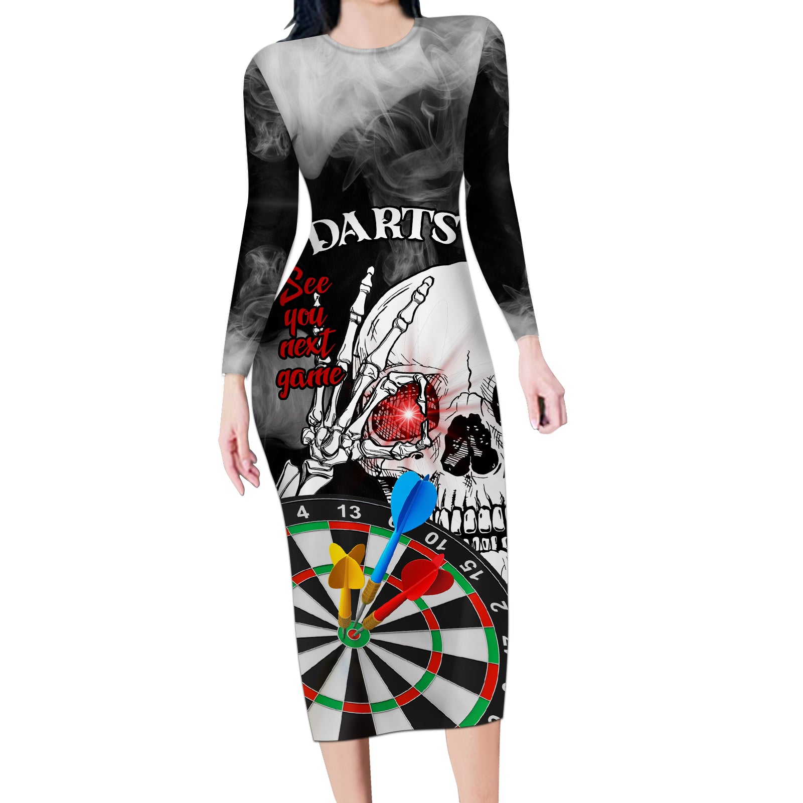 Personalised Skull Darts Long Sleeve Bodycon Dress See You Next Game - Wonder Print Shop