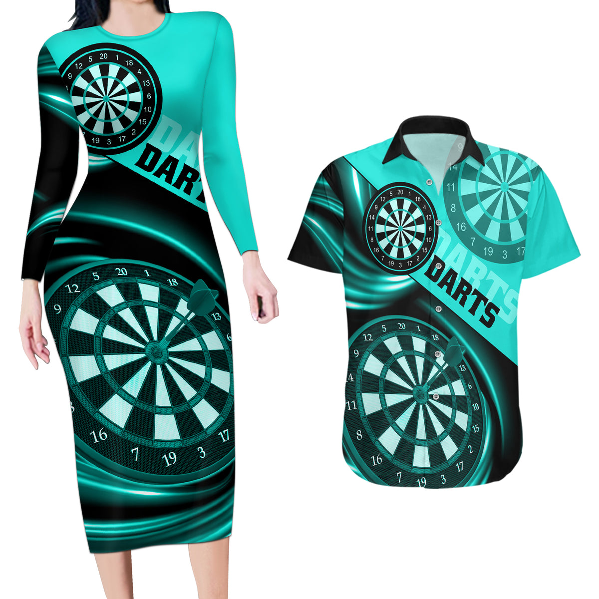 Personalised Darts Couples Matching Long Sleeve Bodycon Dress and Hawaiian Shirt Turquoise Abstract Light - Wonder Print Shop