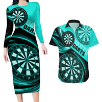 Personalised Darts Couples Matching Long Sleeve Bodycon Dress and Hawaiian Shirt Turquoise Abstract Light - Wonder Print Shop