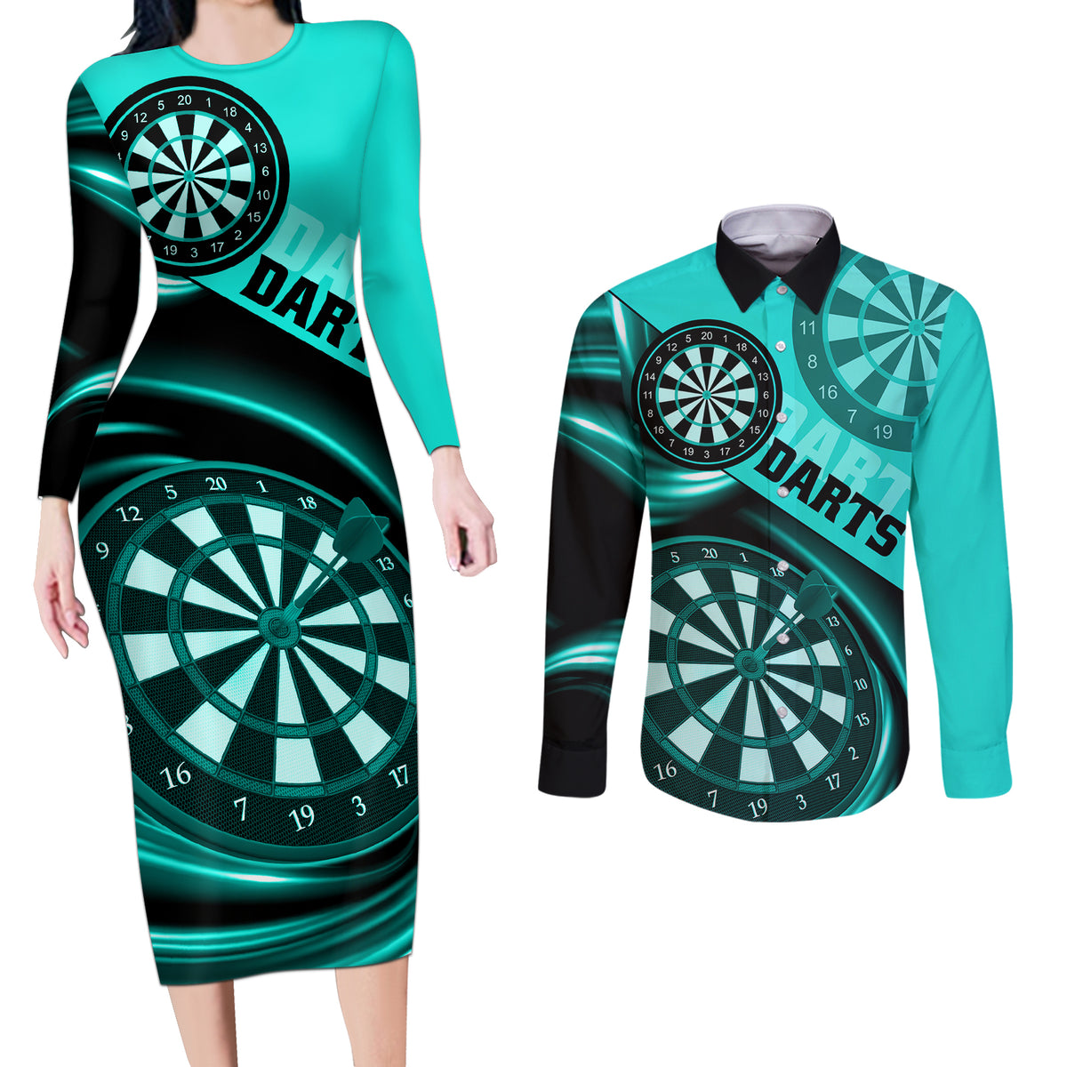 Personalised Darts Couples Matching Long Sleeve Bodycon Dress and Long Sleeve Button Shirts Turquoise Abstract Light - Wonder Print Shop