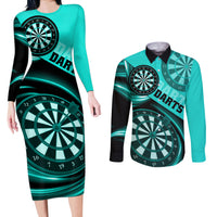 Personalised Darts Couples Matching Long Sleeve Bodycon Dress and Long Sleeve Button Shirts Turquoise Abstract Light - Wonder Print Shop
