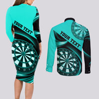 Personalised Darts Couples Matching Long Sleeve Bodycon Dress and Long Sleeve Button Shirts Turquoise Abstract Light - Wonder Print Shop