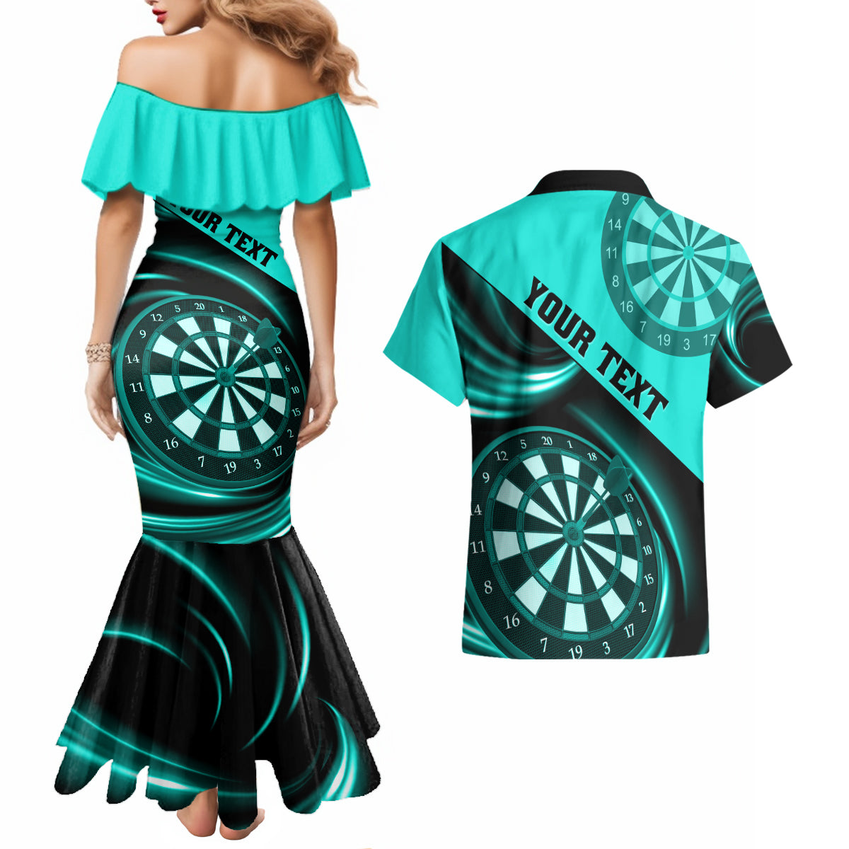 Personalised Darts Couples Matching Mermaid Dress and Hawaiian Shirt Turquoise Abstract Light - Wonder Print Shop