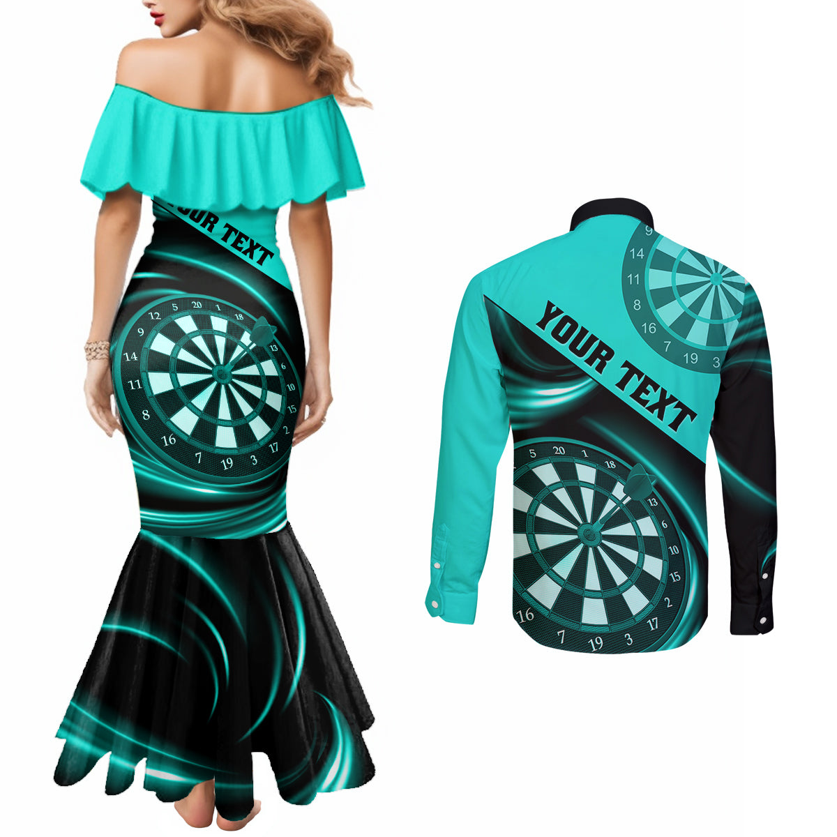 personalised-darts-couples-matching-mermaid-dress-and-long-sleeve-button-shirts-turquoise-abstract-light