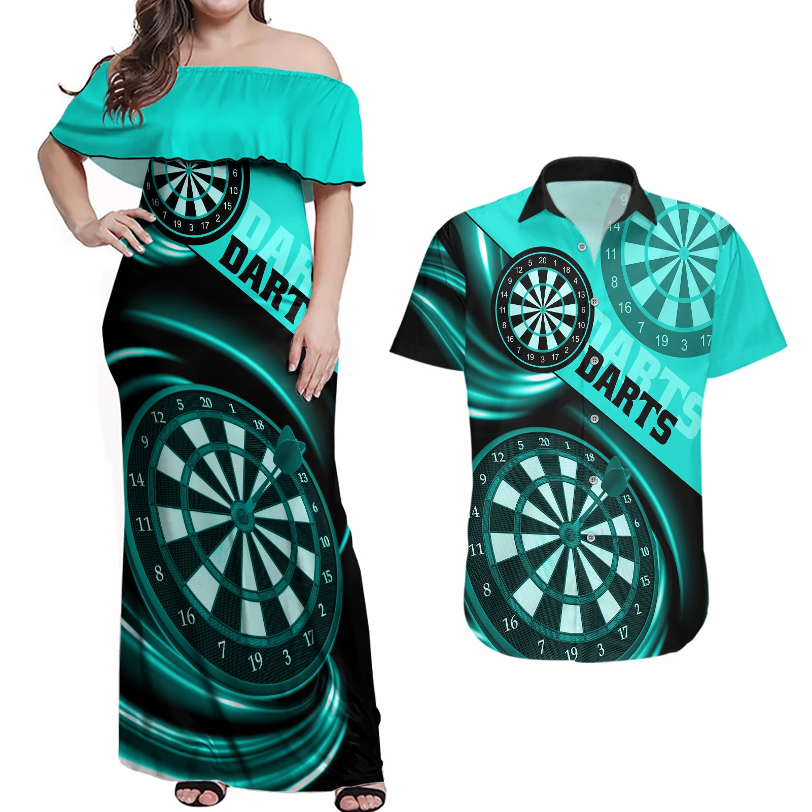 Personalised Darts Couples Matching Off Shoulder Maxi Dress and Hawaiian Shirt Turquoise Abstract Light - Wonder Print Shop