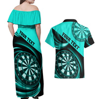 Personalised Darts Couples Matching Off Shoulder Maxi Dress and Hawaiian Shirt Turquoise Abstract Light - Wonder Print Shop