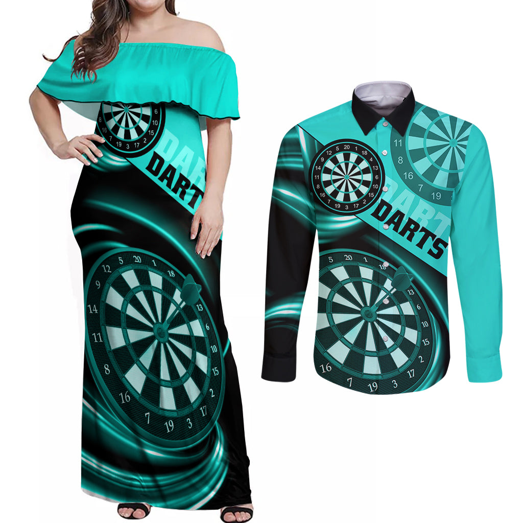 Personalised Darts Couples Matching Off Shoulder Maxi Dress and Long Sleeve Button Shirts Turquoise Abstract Light - Wonder Print Shop