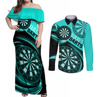 Personalised Darts Couples Matching Off Shoulder Maxi Dress and Long Sleeve Button Shirts Turquoise Abstract Light - Wonder Print Shop