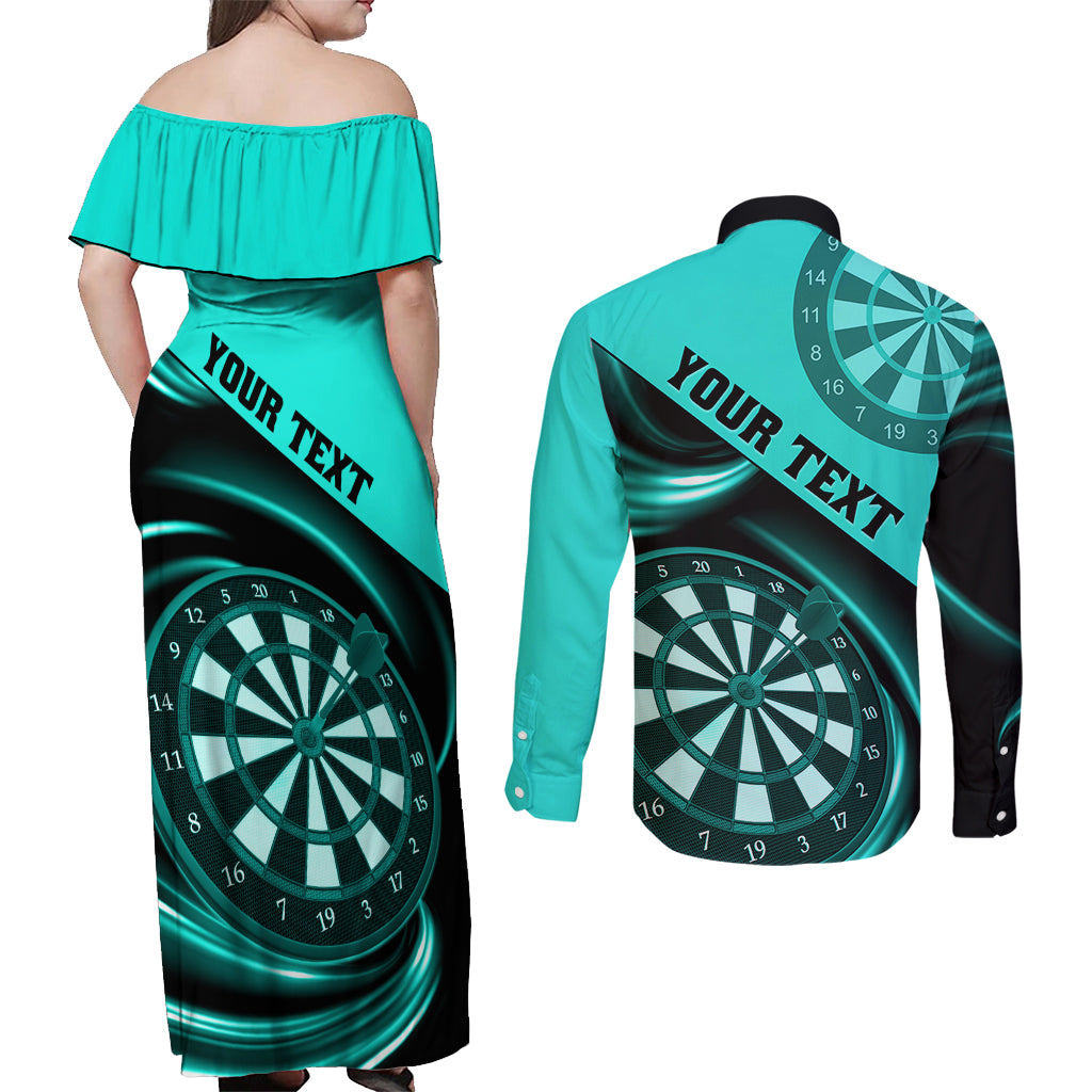 Personalised Darts Couples Matching Off Shoulder Maxi Dress and Long Sleeve Button Shirts Turquoise Abstract Light - Wonder Print Shop
