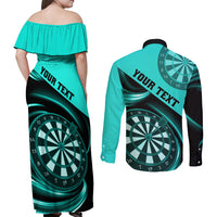 Personalised Darts Couples Matching Off Shoulder Maxi Dress and Long Sleeve Button Shirts Turquoise Abstract Light - Wonder Print Shop
