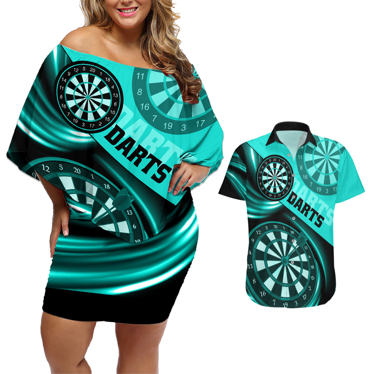 Personalised Darts Couples Matching Off Shoulder Short Dress and Hawaiian Shirt Turquoise Abstract Light - Wonder Print Shop