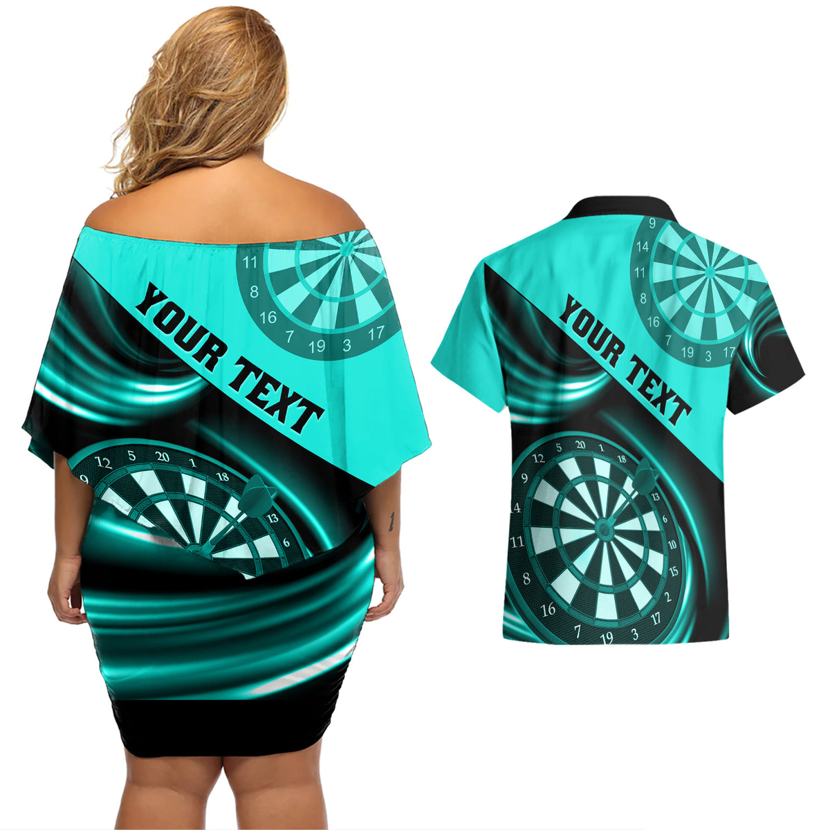 Personalised Darts Couples Matching Off Shoulder Short Dress and Hawaiian Shirt Turquoise Abstract Light - Wonder Print Shop