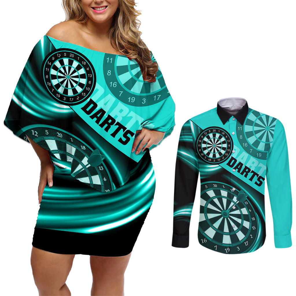 Personalised Darts Couples Matching Off Shoulder Short Dress and Long Sleeve Button Shirts Turquoise Abstract Light - Wonder Print Shop