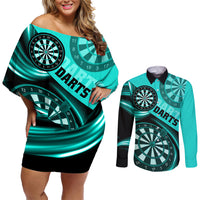 Personalised Darts Couples Matching Off Shoulder Short Dress and Long Sleeve Button Shirts Turquoise Abstract Light - Wonder Print Shop