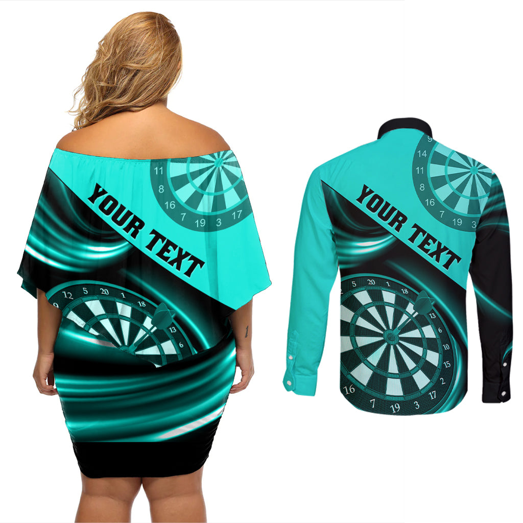 Personalised Darts Couples Matching Off Shoulder Short Dress and Long Sleeve Button Shirts Turquoise Abstract Light - Wonder Print Shop