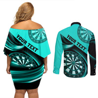 Personalised Darts Couples Matching Off Shoulder Short Dress and Long Sleeve Button Shirts Turquoise Abstract Light - Wonder Print Shop