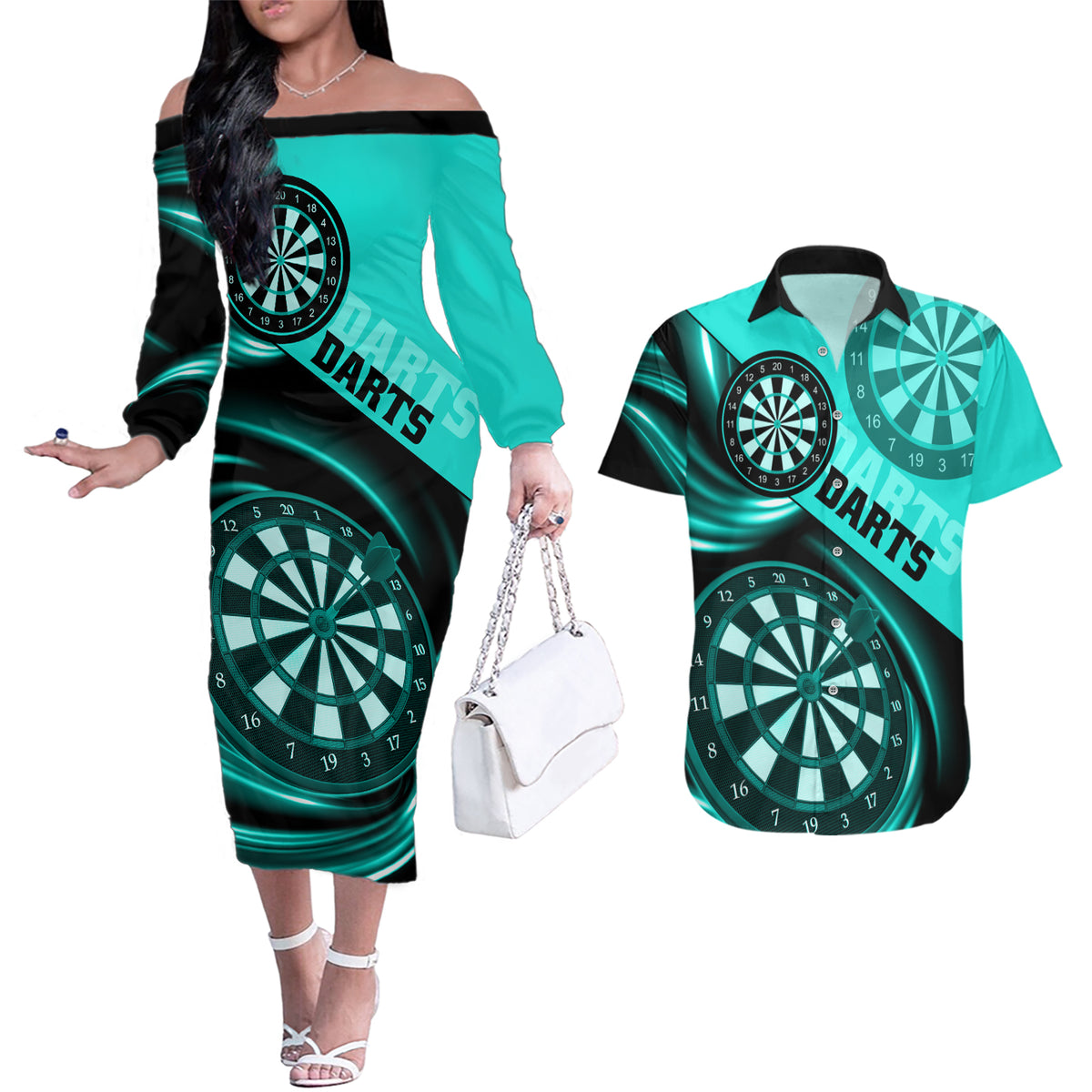 Personalised Darts Couples Matching Off The Shoulder Long Sleeve Dress and Hawaiian Shirt Turquoise Abstract Light - Wonder Print Shop