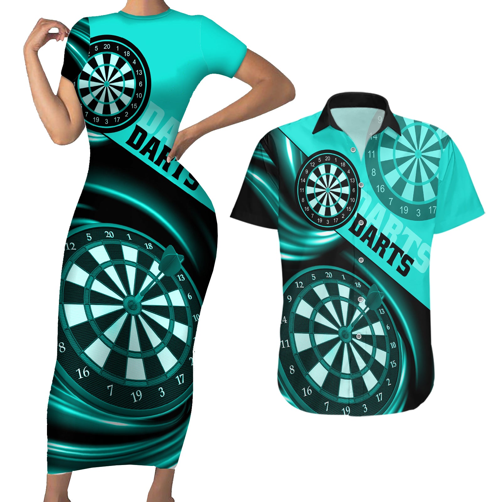 Personalised Darts Couples Matching Short Sleeve Bodycon Dress and Hawaiian Shirt Turquoise Abstract Light - Wonder Print Shop