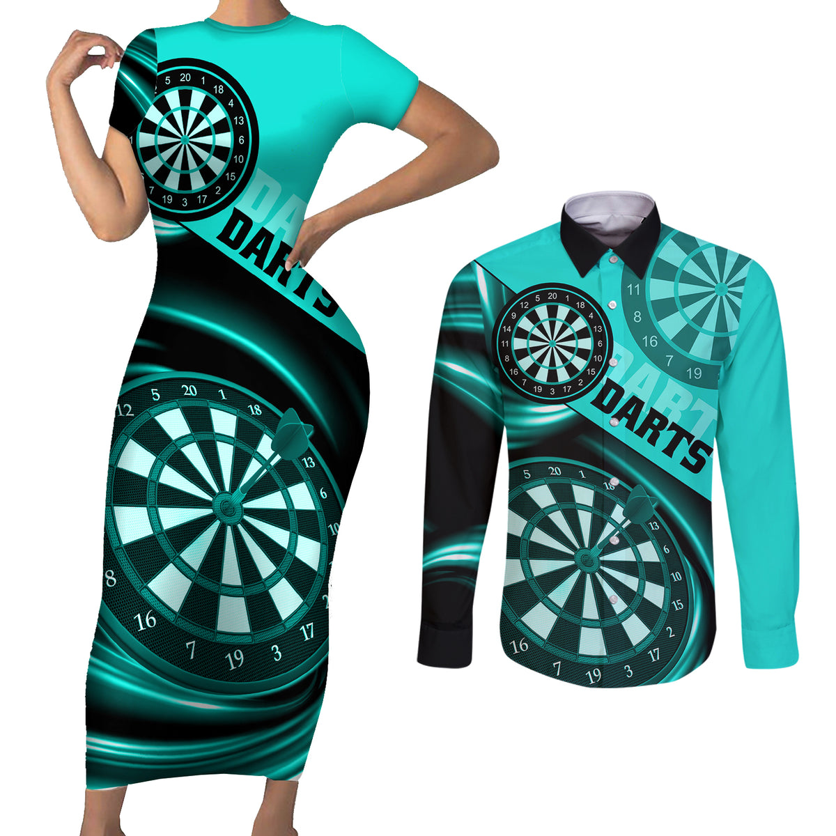 Personalised Darts Couples Matching Short Sleeve Bodycon Dress and Long Sleeve Button Shirts Turquoise Abstract Light - Wonder Print Shop